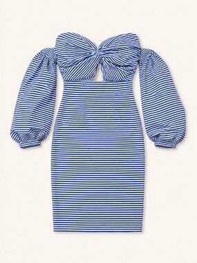209 - Tea & Cup Blue and White Striped Strapless Dress with Puff Sleeves - S